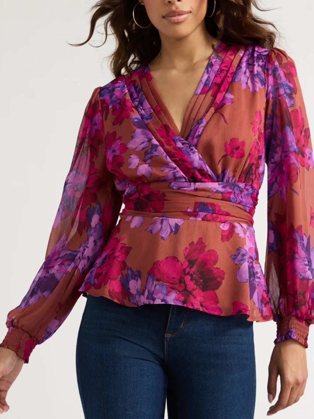 Sofia Jeans by Sofia Vergara Women's Ruched Waist Top Floral Print Faux Wrap XS